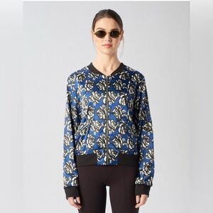 X by GOTTEX Women's Floral Satin Bomber Jacket Blue Roses Size Large Zip Pockets